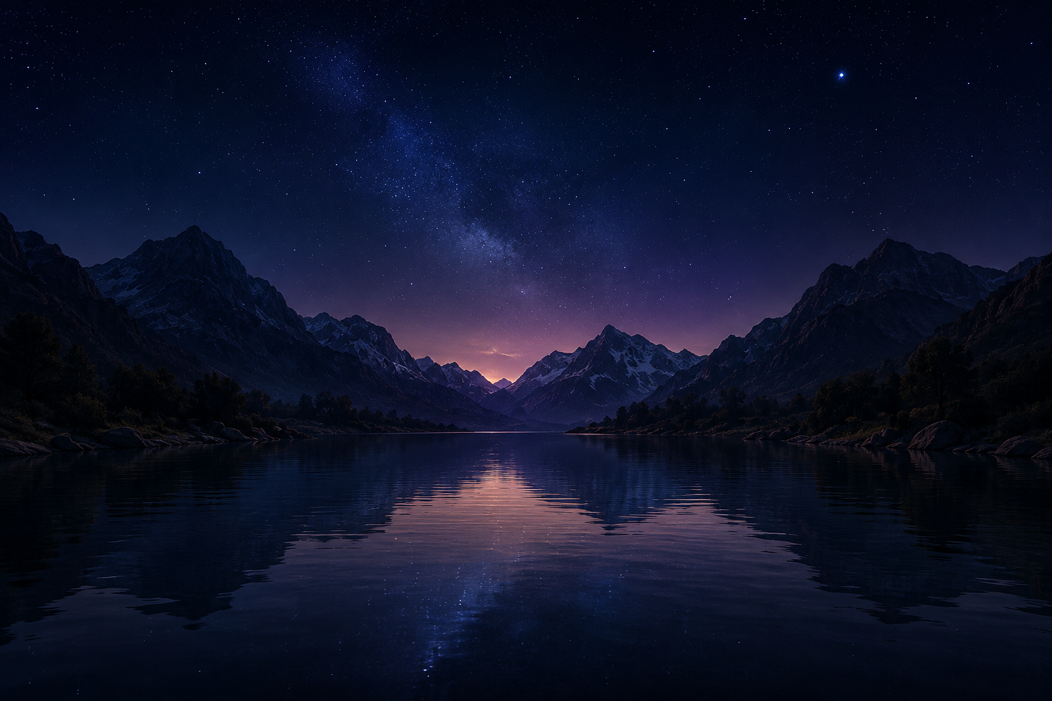 Night mountains mirrored in a still lake under a starry sky